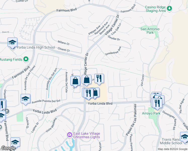 map of restaurants, bars, coffee shops, grocery stores, and more near 21480 Vía La Naranja in Yorba Linda