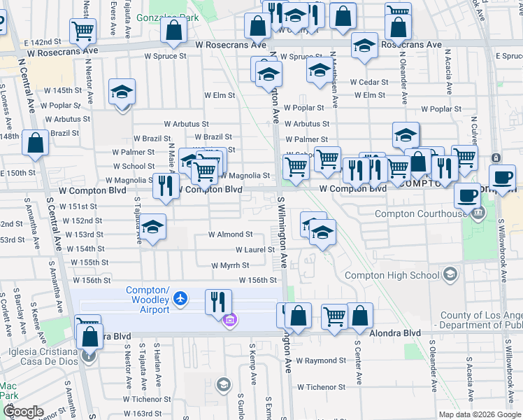 map of restaurants, bars, coffee shops, grocery stores, and more near 820 West Compton Boulevard in Compton