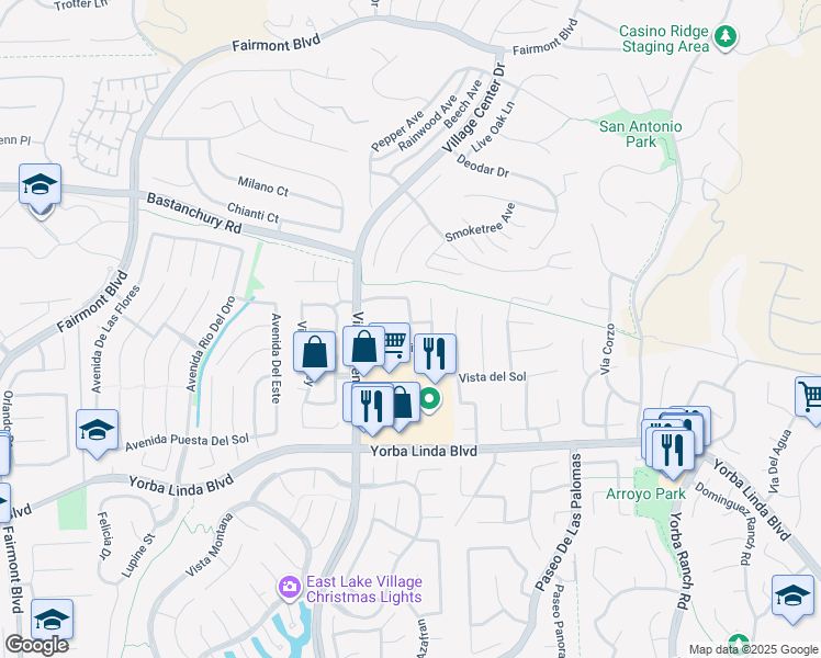 map of restaurants, bars, coffee shops, grocery stores, and more near 21520 Vía La Naranja in Yorba Linda