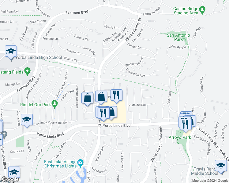 map of restaurants, bars, coffee shops, grocery stores, and more near 21520 Vía La Naranja in Yorba Linda