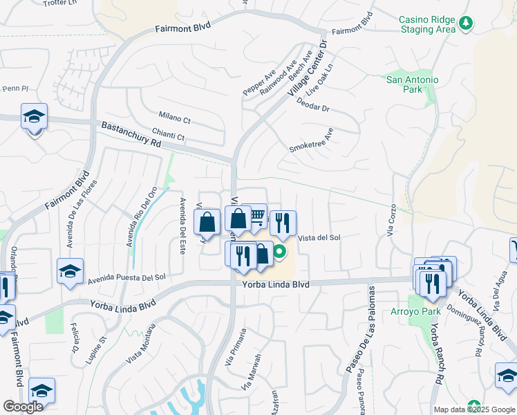 map of restaurants, bars, coffee shops, grocery stores, and more near 21480 Vía La Naranja in Yorba Linda