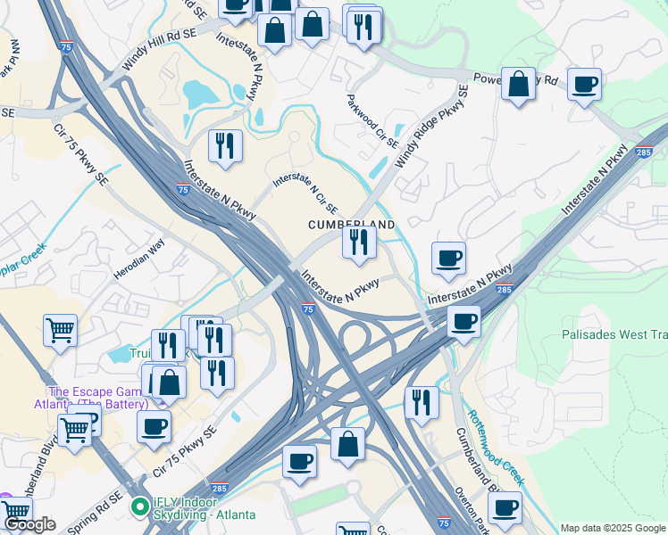 map of restaurants, bars, coffee shops, grocery stores, and more near 340 Interstate North Parkway in Atlanta