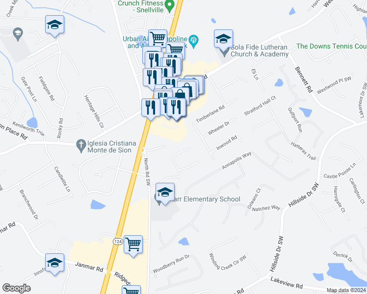 map of restaurants, bars, coffee shops, grocery stores, and more near 1391 Willow Bend Drive in Snellville