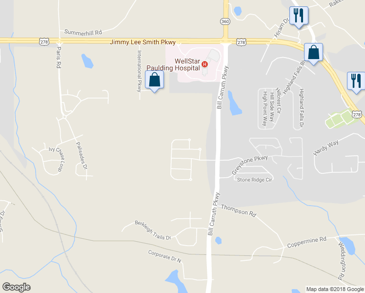 map of restaurants, bars, coffee shops, grocery stores, and more near 142 Darbys Run Way in Hiram