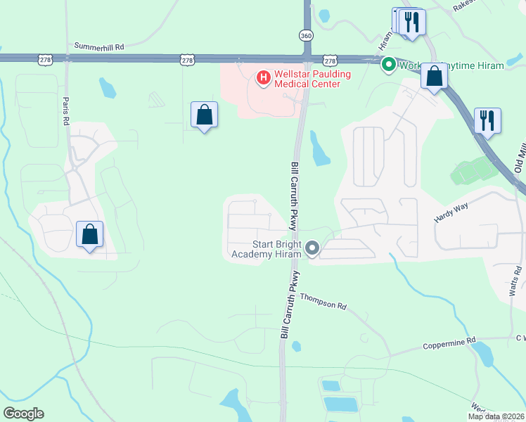 map of restaurants, bars, coffee shops, grocery stores, and more near 80 Darbys Run Way in Hiram