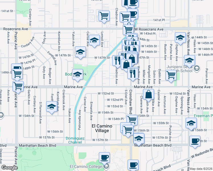 map of restaurants, bars, coffee shops, grocery stores, and more near 15004 Lemoli Avenue in Gardena