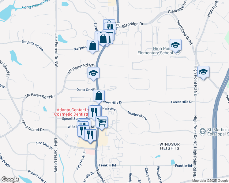 map of restaurants, bars, coffee shops, grocery stores, and more near 5149 Roswell Road Northeast in Atlanta
