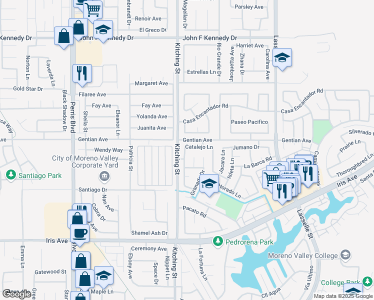 map of restaurants, bars, coffee shops, grocery stores, and more near 25535 Catalejo Lane in Moreno Valley