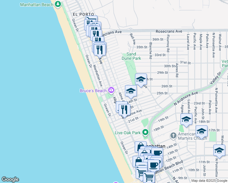 map of restaurants, bars, coffee shops, grocery stores, and more near 304 27th Street in Manhattan Beach
