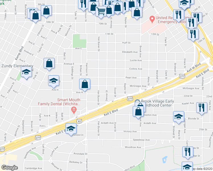 map of restaurants, bars, coffee shops, grocery stores, and more near 1901 McGregor Avenue in Wichita Falls