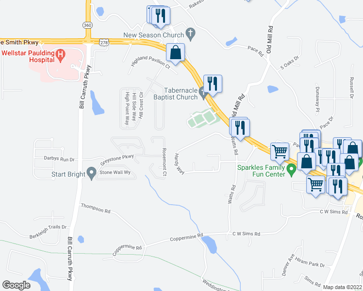 map of restaurants, bars, coffee shops, grocery stores, and more near 288 Hardy Way in Hiram