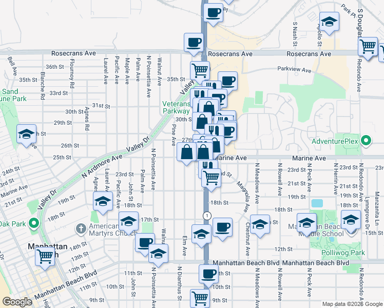 map of restaurants, bars, coffee shops, grocery stores, and more near 2613 North Sepulveda Boulevard in Manhattan Beach