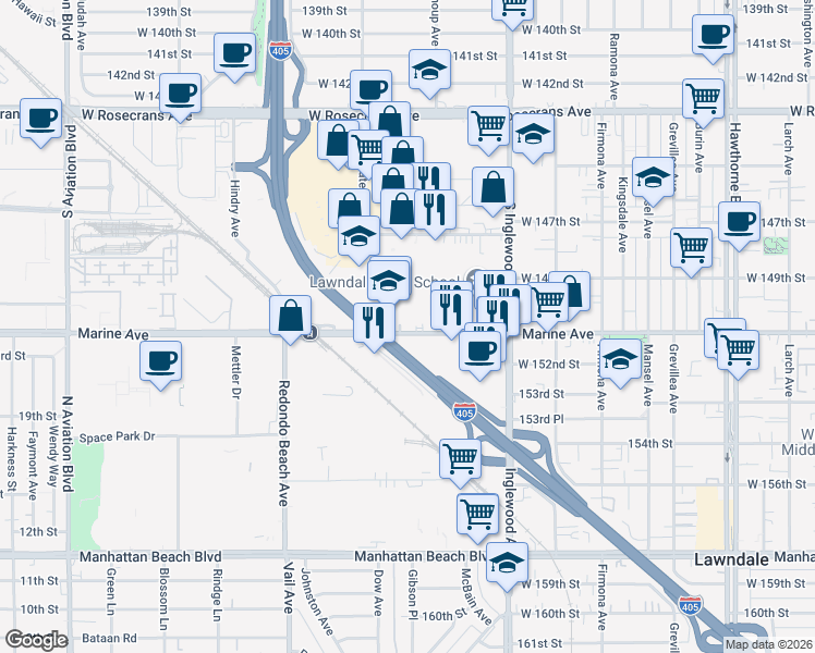 map of restaurants, bars, coffee shops, grocery stores, and more near 4947 Marine Avenue in Lawndale