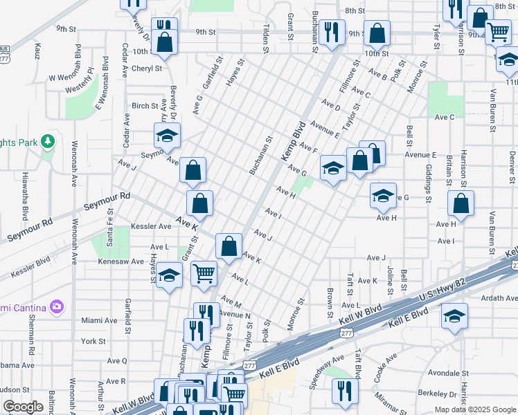 map of restaurants, bars, coffee shops, grocery stores, and more near 1909 Kemp Boulevard in Wichita Falls