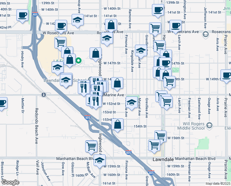 map of restaurants, bars, coffee shops, grocery stores, and more near 14928 Condon Avenue in Lawndale