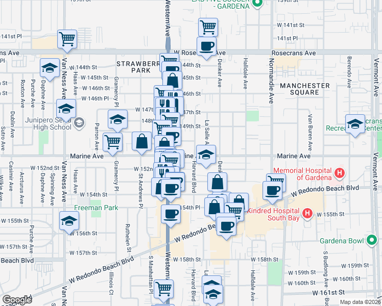 map of restaurants, bars, coffee shops, grocery stores, and more near 15004 Harvard Boulevard in Gardena