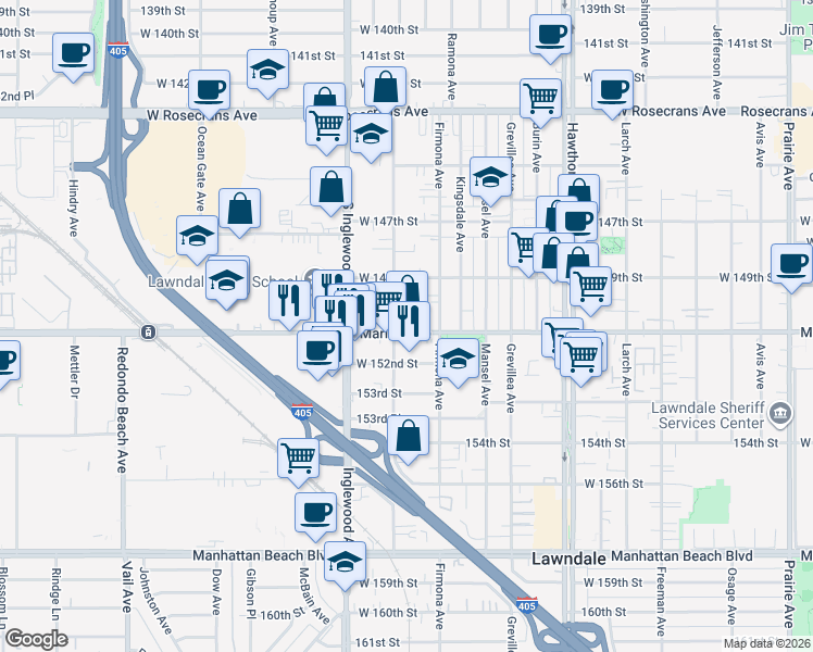map of restaurants, bars, coffee shops, grocery stores, and more near 4637 Marine Avenue in Lawndale