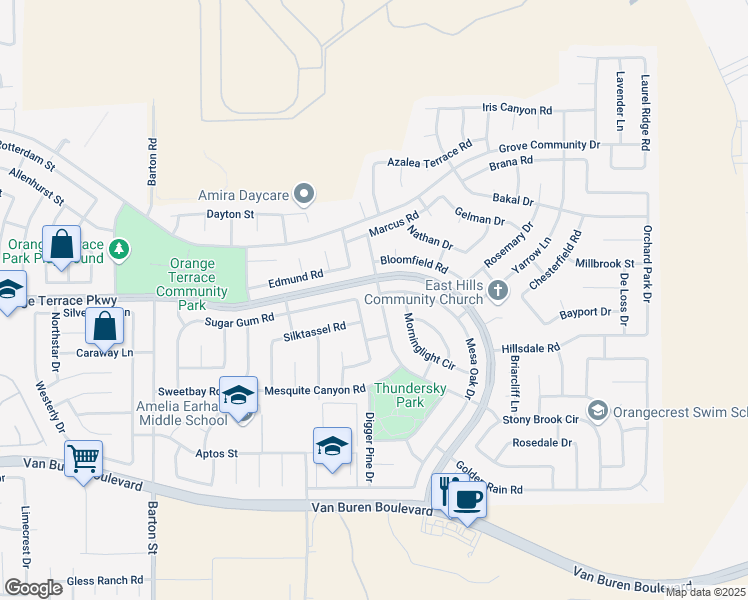 map of restaurants, bars, coffee shops, grocery stores, and more near 8701 Sandhill Drive in Riverside