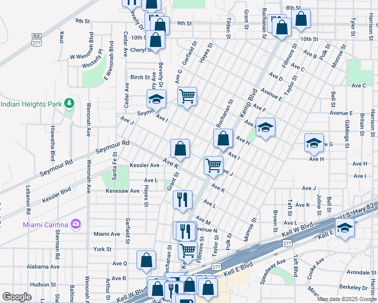 map of restaurants, bars, coffee shops, grocery stores, and more near 2798 Avenue J in Wichita Falls