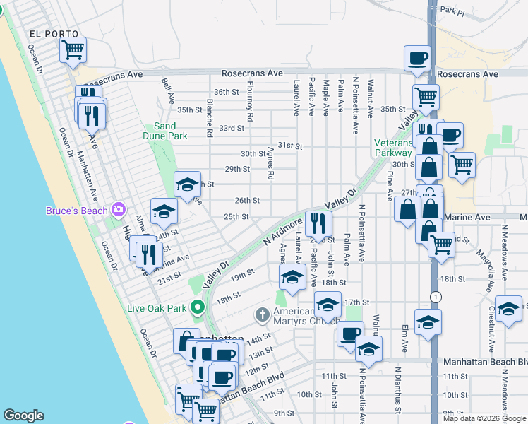 map of restaurants, bars, coffee shops, grocery stores, and more near 721 Marine Avenue in Manhattan Beach