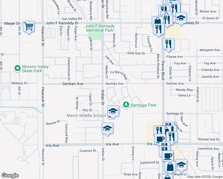 map of restaurants, bars, coffee shops, grocery stores, and more near 24553 Lancer Place in Moreno Valley