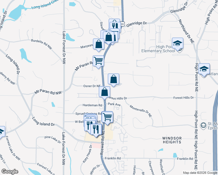 map of restaurants, bars, coffee shops, grocery stores, and more near 5153 U.S. 19 in Sandy Springs