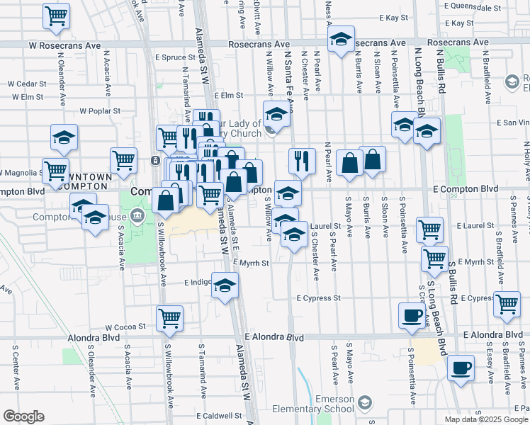 map of restaurants, bars, coffee shops, grocery stores, and more near 201 South Willow Avenue in Compton