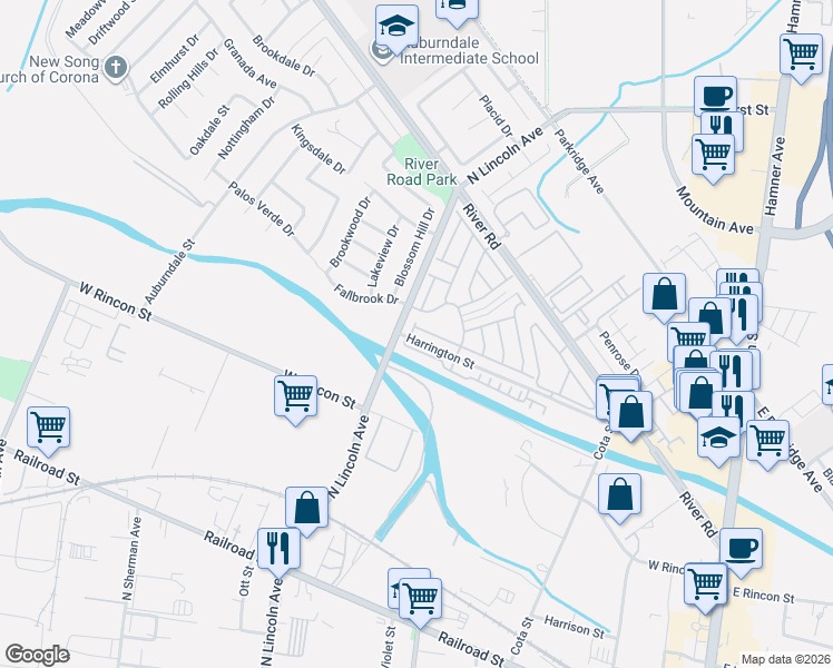 map of restaurants, bars, coffee shops, grocery stores, and more near 855 Bramble Lane in Corona