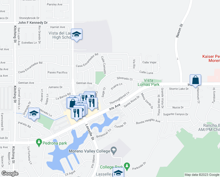 map of restaurants, bars, coffee shops, grocery stores, and more near 26358 Prairie Lane in Moreno Valley