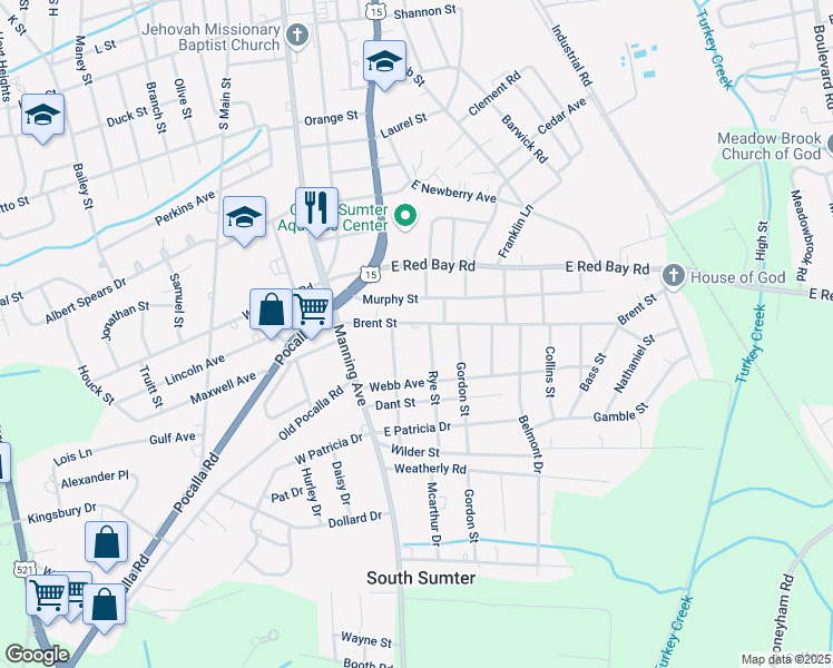 map of restaurants, bars, coffee shops, grocery stores, and more near 35 Brent Street in Sumter