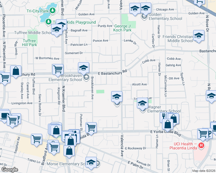 map of restaurants, bars, coffee shops, grocery stores, and more near 500 Brower Avenue in Placentia