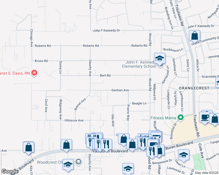 map of restaurants, bars, coffee shops, grocery stores, and more near 18681 Bert Road in Riverside