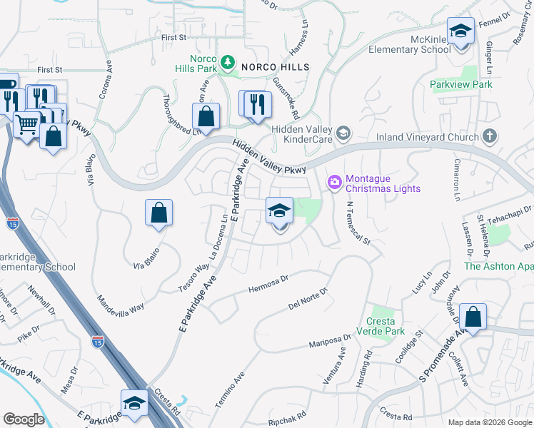 map of restaurants, bars, coffee shops, grocery stores, and more near 1392 Elgin Way in Corona