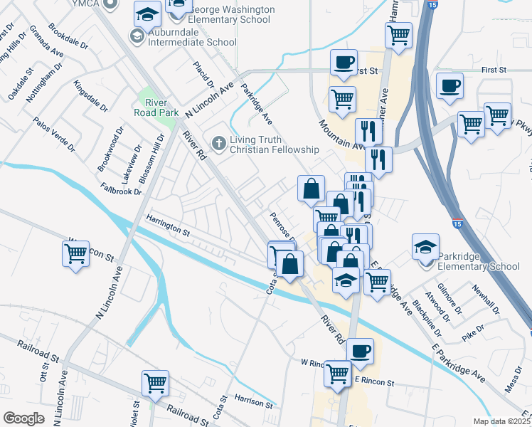 map of restaurants, bars, coffee shops, grocery stores, and more near 586 Penrose Drive in Corona