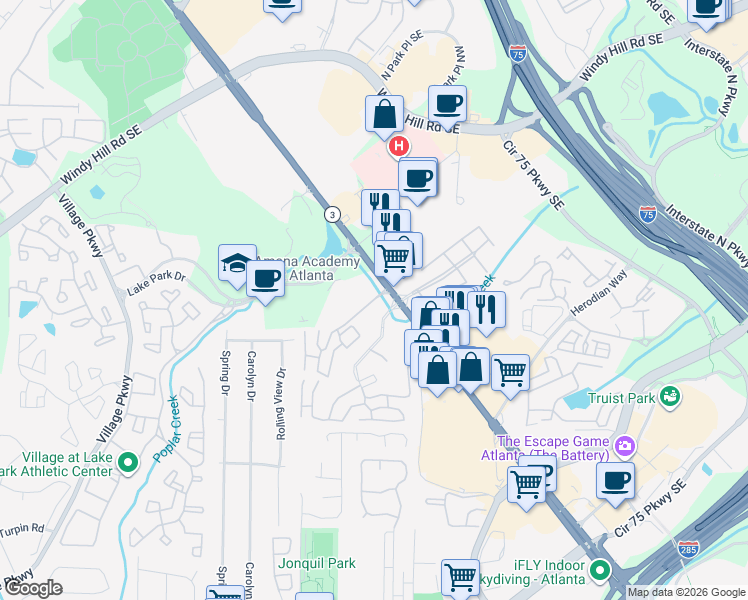 map of restaurants, bars, coffee shops, grocery stores, and more near 903 Cumberland Glen Lane in Smyrna