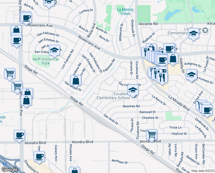 map of restaurants, bars, coffee shops, grocery stores, and more near 14915 Pemberton Drive in La Mirada
