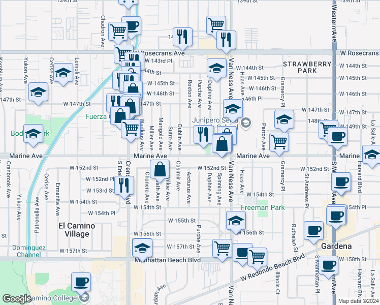 map of restaurants, bars, coffee shops, grocery stores, and more near 2543 Marine Avenue in Gardena