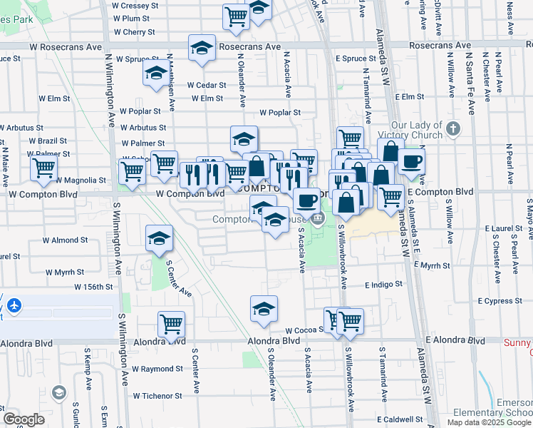 map of restaurants, bars, coffee shops, grocery stores, and more near 108 South Oleander Avenue in Compton