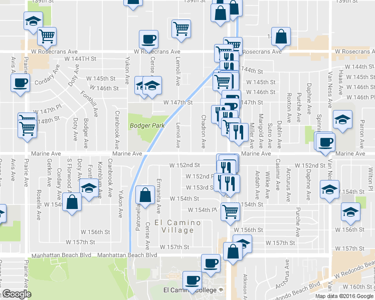 map of restaurants, bars, coffee shops, grocery stores, and more near 3245 Marine Avenue in Gardena