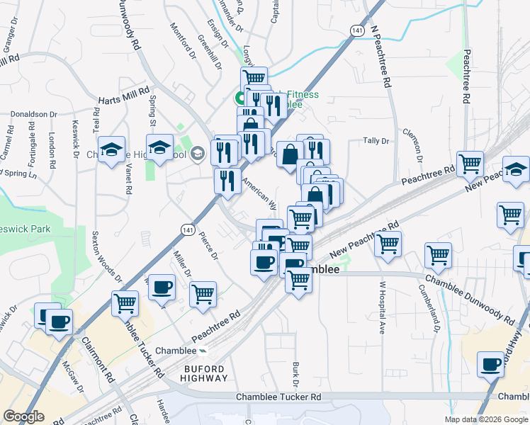 map of restaurants, bars, coffee shops, grocery stores, and more near 2138 American Industrial Way in Chamblee