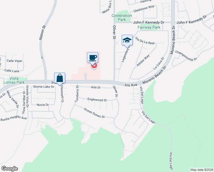 map of restaurants, bars, coffee shops, grocery stores, and more near 27380 Arla Street in Moreno Valley