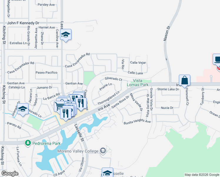 map of restaurants, bars, coffee shops, grocery stores, and more near 26422 Prairie Lane in Moreno Valley