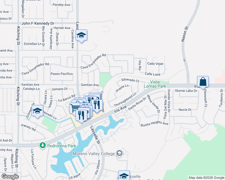 map of restaurants, bars, coffee shops, grocery stores, and more near 15501 Sage Court in Moreno Valley