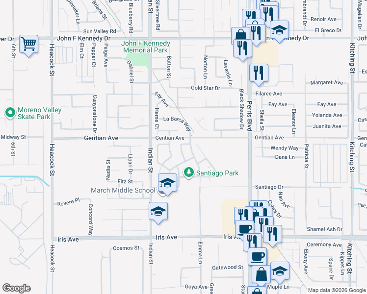 map of restaurants, bars, coffee shops, grocery stores, and more near 24609 Fanita Court in Moreno Valley