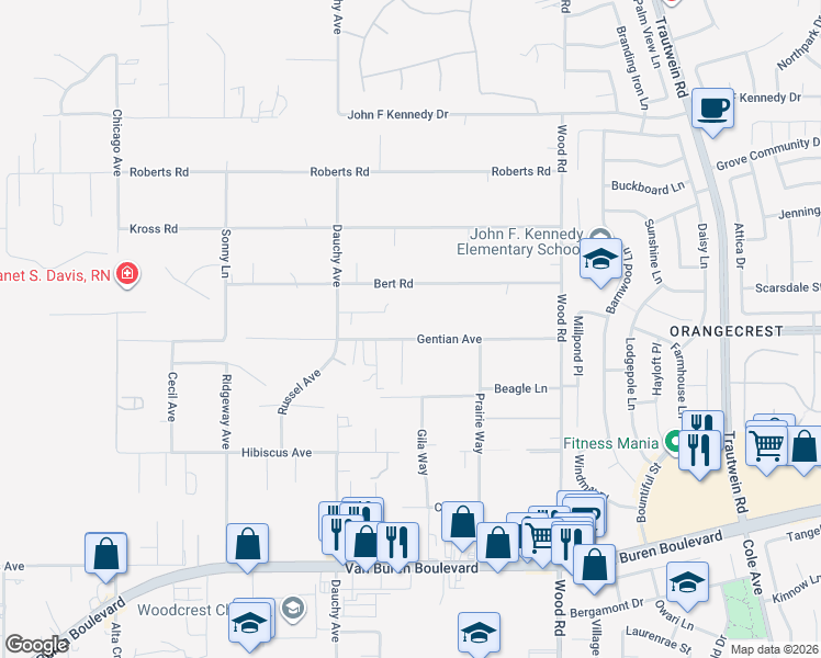 map of restaurants, bars, coffee shops, grocery stores, and more near 18681 Bert Road in Riverside