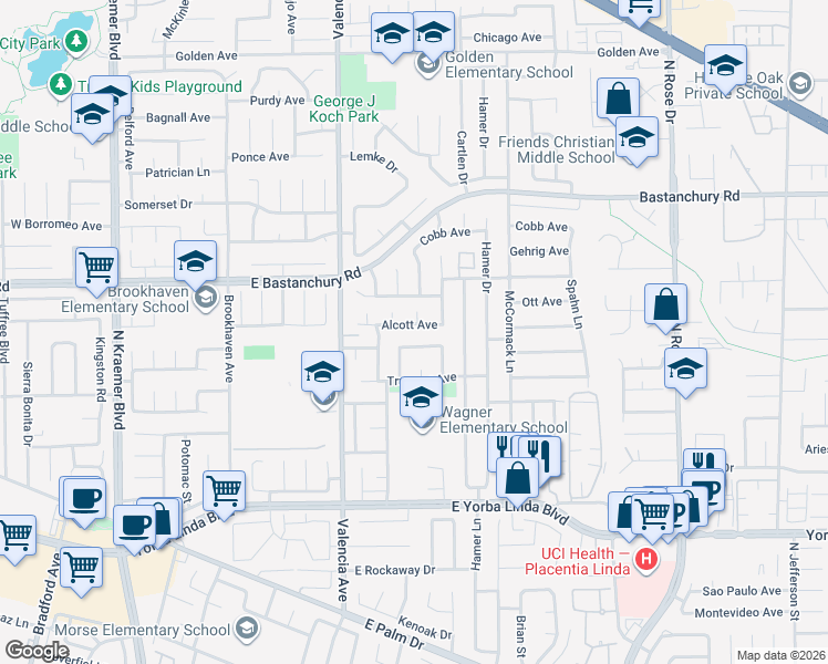 map of restaurants, bars, coffee shops, grocery stores, and more near 709 Alcott Avenue in Placentia