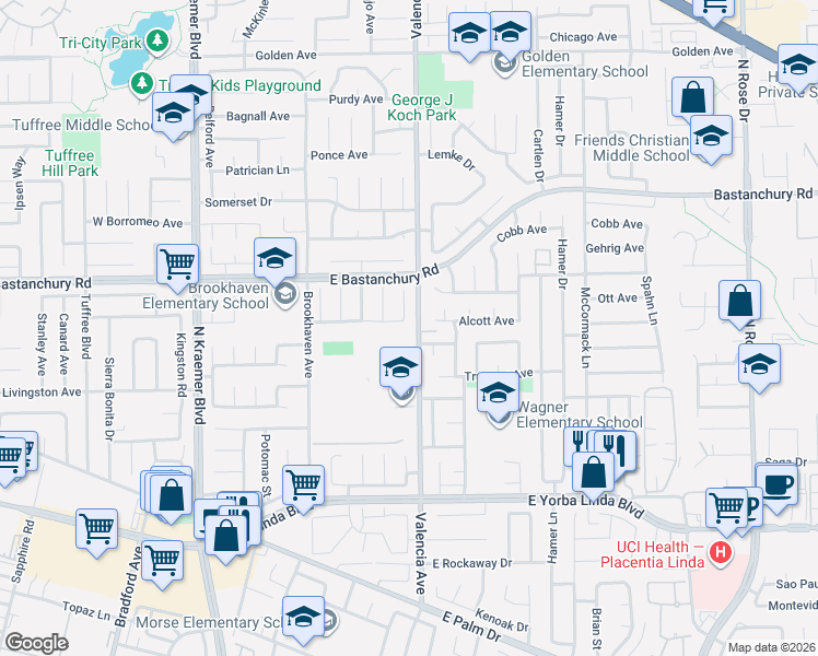 map of restaurants, bars, coffee shops, grocery stores, and more near 1814 Browerwoods Place in Placentia