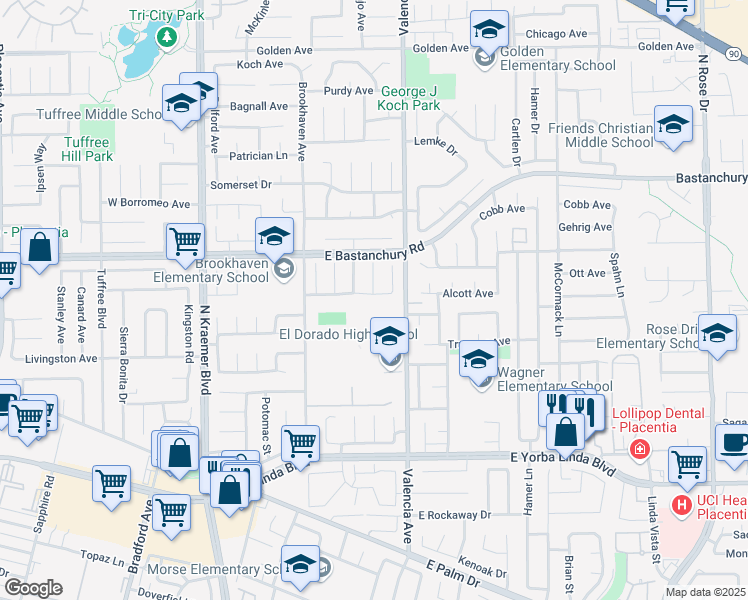 map of restaurants, bars, coffee shops, grocery stores, and more near 1813 Kelleher Place in Placentia