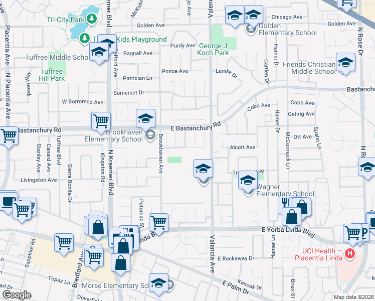 map of restaurants, bars, coffee shops, grocery stores, and more near 1813 Kelleher Place in Placentia