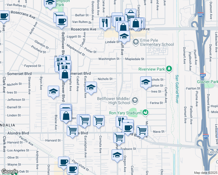 map of restaurants, bars, coffee shops, grocery stores, and more near 15147 Woodruff Place in Bellflower